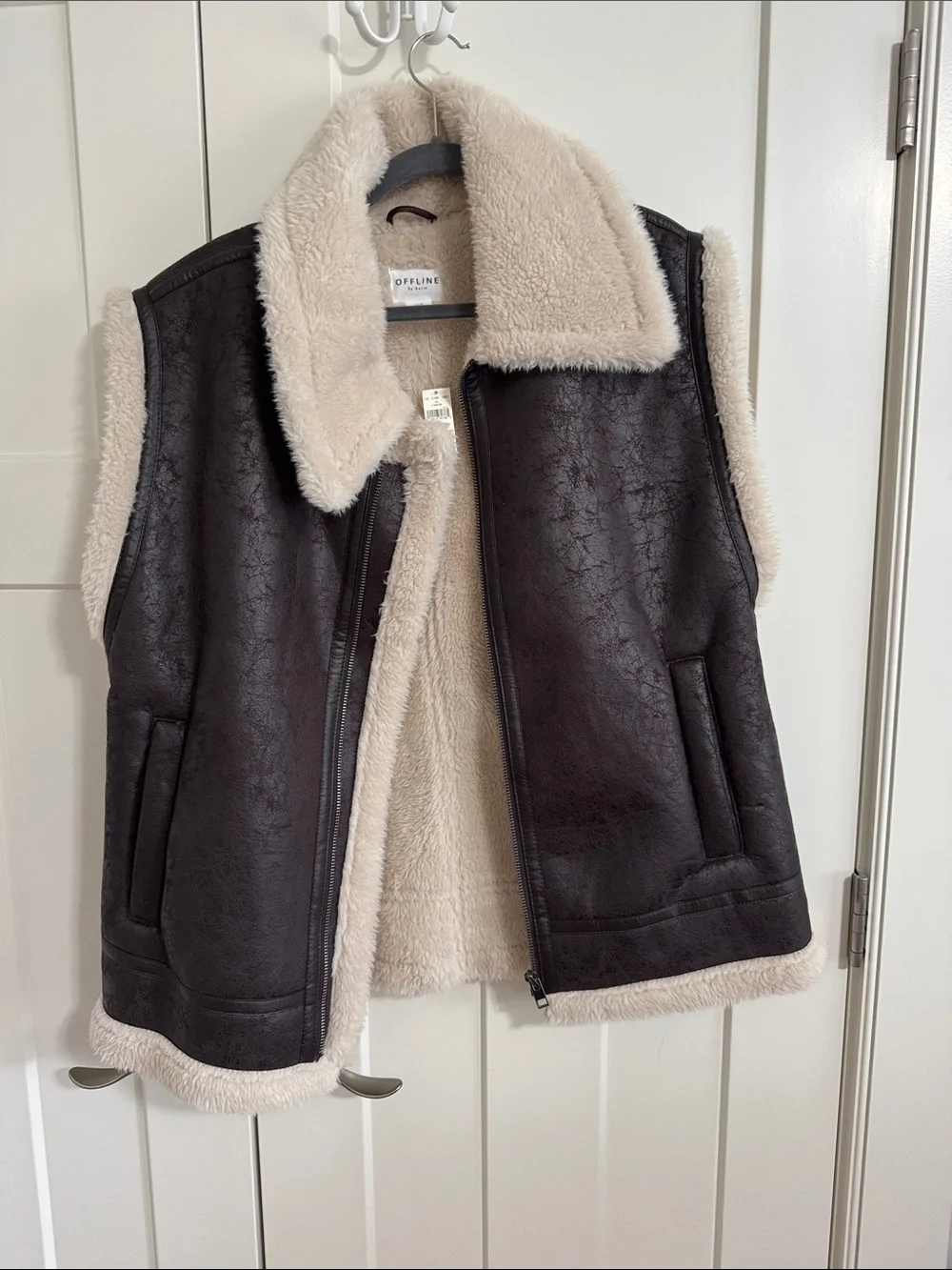 Offline Faux Shearling Vest in Cream and Dark Brown Trim - Picture 1 of 3